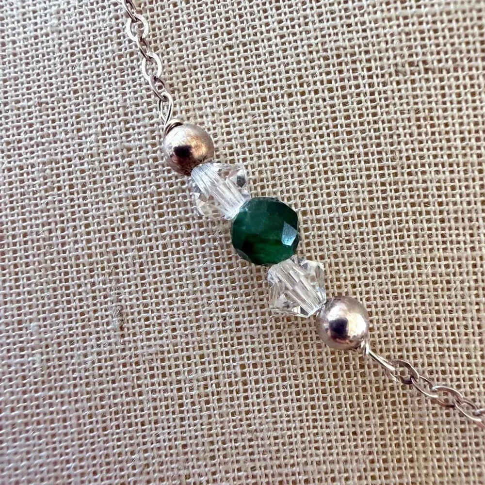 Vintage Sterling Silver Green Stone & Crystal Necklace Emerald Tone Beaded Neck
